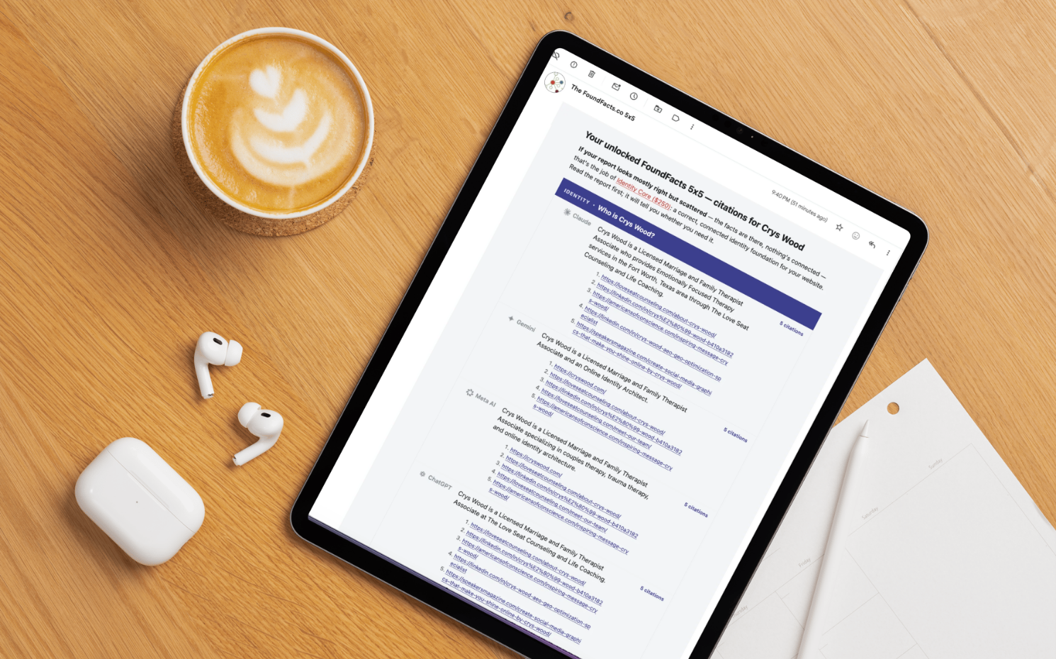 The unlocked FoundFacts 5x5 citations email — full answers with a numbered list of live citation links under each